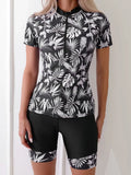 2026 Summer New Women Two-Piece Surfing Suit,fashion Leaf Print Conservative Tankini,Short-sleeve Zipper Swimsuit,beach Swimwear