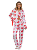 Women 2025 Heart Print Pajama Set Long Sleeve Button-up Tops and Pants 2 Piece Valentines Day Sleepwear Outfit
