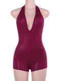 Sexy Halter Backless Rompers Short Jumpsuit Wine Red Black Deep V-neck Backless Lace-up Rhinestones Playsuit Female Bodysuit