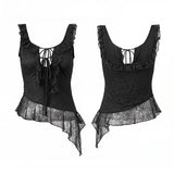 Women Flounce Vest Lace Jacquard Square Neck Tie-up Tank Tops Backless Sleeveless Slim Fit Retro Blouses for Party Club