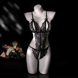 Hot Floral Lace Teddy, Bow Decor Split Cup Open Crotch Backless Bodysuit, Women's Sexy Lingerie & Underwear