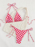 Sexy Pink Plaid Micro Bikini 2026 Women Halter Push Up Bra Tie Side Thong Swimsuit Brazilian Beach Bathing Suit Swimwear Biquini