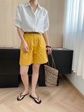 Turn-Down Collar Loose Short-Sleeve Shirt Women White Short Sleeve Shirt Chest Pocket V Neck Button Casual Summer Blouse H9EH