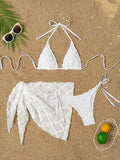 3D Flower with Mesh Sarong Skirt Bikini Women Swimwear Female Swimsuit Three-pieces Bikini Set White Bathing Suit Swim Beachwear