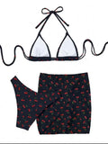 With Mesh Skirt Cherry Printed Bikini Female Swimsuit Women Swimwear Three Pieces Bikini Set Halter Bathing Suit Swim Beachwear