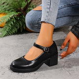 Plus Size 42 Black Thick Heels Pumps Women Classic Pu Leather Platform Mary Jane Shoes Woman Ankle Buckle Office High Heel Shoes