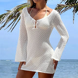 V Neck Long Sleeve Hollow Out Crochet Knitted Tunic Beach Cover Up Cover-ups Beach Dress Beach Wear Beachwear Female Women V7643