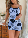 Love Print Pajama Set Women Summer Cami Top and Shorts Loungewear Sleepwear Cute Heart Letter Print Nightwear Home Clothes