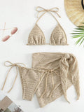 Sexy Mesh Skirt 3 Piece Swimsuit Women Solid Beige Hole Out Push Up Triangle Bikini 2025 Beach Bathing Suit Cover Up Swimwear