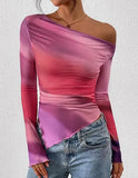 Women's Off-Shoulder Ruffled Sleeve Long-Sleeve Top with Asymmetrical Tie-Dye Mesh Asymmetrical Pleated Floral Print T-Shirt