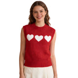 Women 2026 Sleeveless Crew Neck Pullover Fashion Daily Wear Top Cute Heart Print Pink Knitted Vest