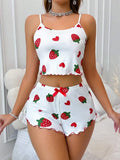 Summer Strawberry Print 2PCS Pajama Set Women's Casual Sleepwear Suspender Crop Tops and Shorts Comfortable Home Wear