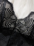Black Sheer Mesh Teddy Bodysuit Women Floral Lace V Neck Ruffle Trim One Piece Lingerie Intimate Body Suit Sleepwear ZA825256