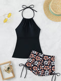2026 Women's Bikini 2-piece Swimwear Tankini Set Sexy Halter Black Bathing Suit  Floral Print Drawstring High Waist Swimsuit