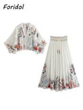 Foridol Marine Organism Embroidery Batwing Sleeve Summer Spring Maxi Skirt Set Cotton White Tassle Dress Set Outfits Button Suit