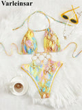 S - XL Printed Halter Metal Rings One Piece Swimsuit Women Swimwear Female Monokini High Leg Cut Bather Bathing Suit Swim V7721