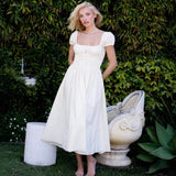French Country-style Square-neck Dress With Puffed Sleeves Elasticated Waist And A Stylish Tie Design Perfect For Seaside TEW7