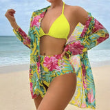 3 Pieces Triangle Halter Bikini 2026 Print Swimwear Female High Waist Swimsuit Women & Kimono Bathers Bathing Swimming Swim Suit