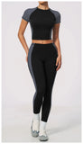 Nake Yoga Set Women's Tracksuit Color Contrast Short Sleeve Slim Sports T Shirts High Waist Leggings Fitness Clothes Gym Outfits