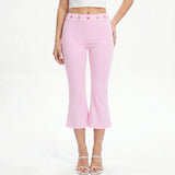 Womens Summer Cropped Pants Mid Rise Flare Trousers Stylish Casual Leg Pants with Silver Eyelet Capris