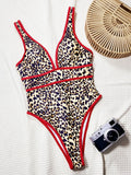Sexy Red Leopard Print Patchwork Swimwear Women 2025 V Neck Hollow Out Backless One Piece Swimsuit Beach Bathing Suit Monokini