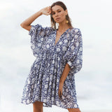 Foridol Lantern Half Sleeve Cyan Bohemian Beach Midi Loose Dress Summer for Women Tie Up Casual Floral Holiday Midi Vestidos