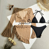 Sexy 4 Pieces Bikinis Sets Women Mesh Long Sleeve Cover Up Beach Skirt Swimwear Holiday Beach Bathing Suit Patchwork Swimsuit