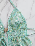 DEKA Summer Sequins Floral Halter Bikini Women's Sexy Backless Swimwear with Tie Detail Summer Strappy Two Piece Bathing Suit