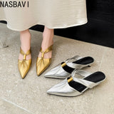 2026 Summer New Brand Women Slipper Fashion Pointed Toe Slip On Slides Low Heel Ladies Elegant Mules Sandals Top quality  Gold