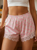 Summer Women’s Satin Lace Hem Shorts Elastic Waist Loose Fit Wide Leg Short Pants Casual Lounge Bottoms Solid Color