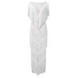 Womens Deep V Midi Fringed Dresses Sleeveless Pencil Party Solid Elegant Sexy Skirt Long Dresses Evening Party Mujer
