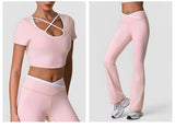 Summer Quick Drying Yoga Sets Women Black Patchwork Short Sleeve Cross Neck Sports Top High Waist Flared Pants Fitness Suits