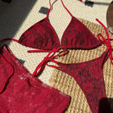 Sexy Lace Micro Mini String Halter Tie Bikinis Sets 3pcs with Ruffles Mini Skirt Black Red Color Swimwear Swimsuit Bathing Suit