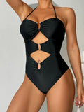 2026 Halter U-wire Swimsuit One Piece Sexy Hollow Swimwear Women Solid Bathing Swimming Swim Suit Padded Beachwear Summer XXL