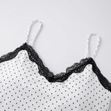 Women Summer Lace Trim Camisoles Sexy Dot Print Slim Fit V Neck Spaghetti Strap Tops