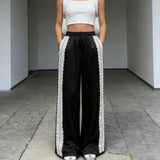 Elegant Solid Color Women's Satin Wide Leg Pants Lace Trim High Waist Loose Fit Trousers For Daily Vacation
