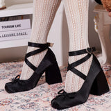 2025 Summer Cute Satin Pink Lolita Block Heels Mary Janes Shoes Women Sweet Buckle Cross-Strap Ballet Pumps Wedding High Heeled