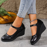 2026 New Ankle Buckle Wedges Heel Pumps Women Black Pu Leather High Heels Mary Jane Shoes Woman Plus Size 42 Office Pumps Ladies