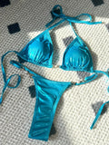 PU Leather Pearls Bikini Mini Micro Thong Bikinis Women Swimwear Female Swimsuit Two-piece Bikini Set Halter Bathing Suit Swim