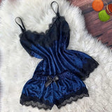 Summer Lace Sleepwear Sexy Satin Pajamas Set Women Nightshirt 2 Pieces Crop Tops and Shorts Set Homewear Loungewear