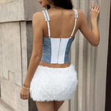 Sexy Blue Denim Camisole Women Lace Trim Underwire Slim Fit Fishbone Tank Top Summer Patchwork Club Party Corset Streetwear