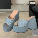 2025 Vintge Denim Blue Summer Chunky Platform Sandals Women Slides Chunky High Heels Wedges Shoes Mules Outdoor Slipper