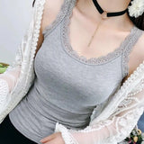 Women Summer Vest U-Neck Sleeveless Slim Fit Tank Tops Thin Vest Solid Color Lace Trimmed Camisole Streetwear