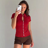 FDYOUI 2026 Women's T-shirts Turn-down Collar Single Breasted Short Sleeve Crop Tops Female Hollow Out Red Tee Shirt Streetwear