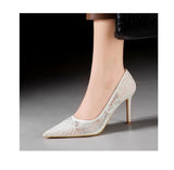 NASBAVI Sexy Lace High Heels Net Gauze Thin Heel Pointed Toe Slimming Nightclub Style Low Heel Single Shoes 41 42 43