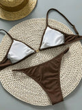 Sexy Coffee Bikini Set Women Pearls Metal Chain Pleate Push Up Bra Thong Swimsuit 2026 Summer Bathing Suit Backless Swimwear