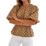 Women's Summer Puff Sleeve Tops Fashionable Dot Print Round Neck Cinched Waist T-shirts for Casual Daily Wear