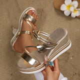 Metal Heart Gold Wedges Sandals Women Plus Size 43 Thick Sole Platform Sandles Woman 2026 Summer Non Slip Gladiator Sandals