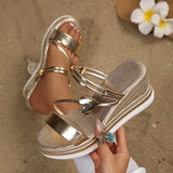 Metal Heart Gold Wedges Sandals Women Plus Size 43 Thick Sole Platform Sandles Woman 2026 Summer Non Slip Gladiator Sandals