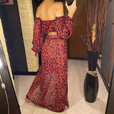 2026 Leopard Off Shoulder Long Sleeve 2 Pieces Set Beach Cover Up Cover-ups Beach Dress Beach Wear Beachwear Female Women V3728